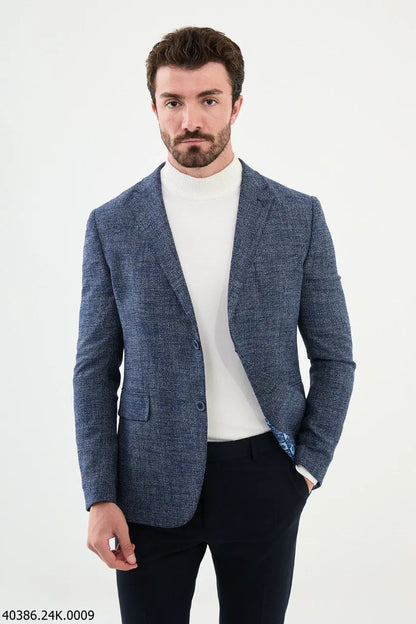 Brabion James Navy Blue Slim Fit Patterned Blazer - BRABION