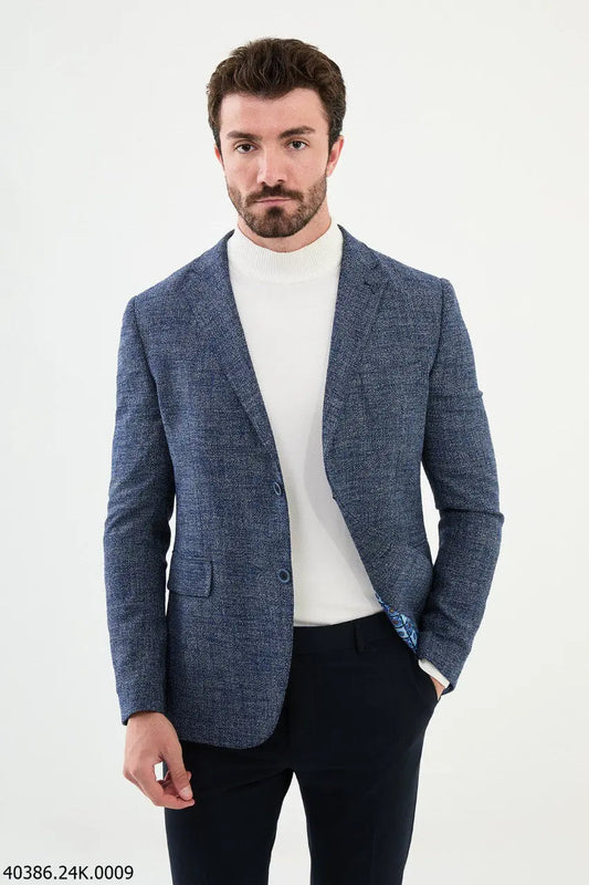 Brabion James Navy Blue Slim Fit Patterned Blazer - BRABION