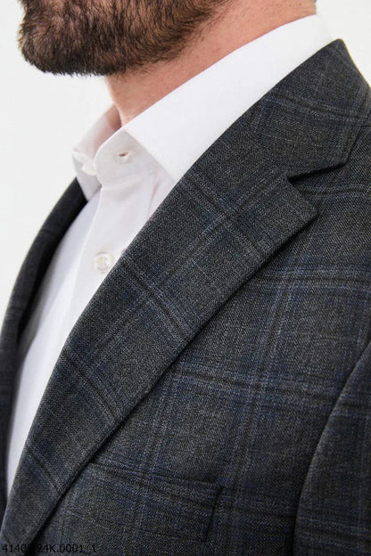 Brabion Dante Black Slim Fit Notch Lapel Plaid Wool Blazer - BRABION