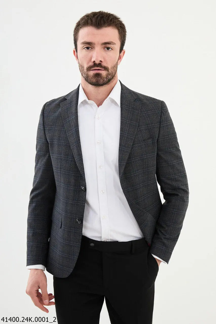 Brabion Dante Black Slim Fit Notch Lapel Plaid Wool Blazer - BRABION