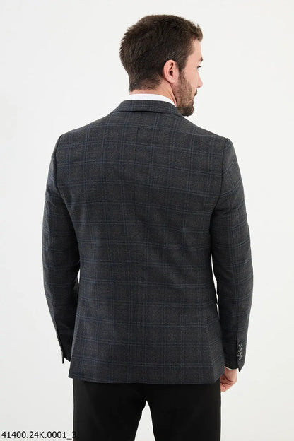 Brabion Dante Black Slim Fit Notch Lapel Plaid Wool Blazer - BRABION