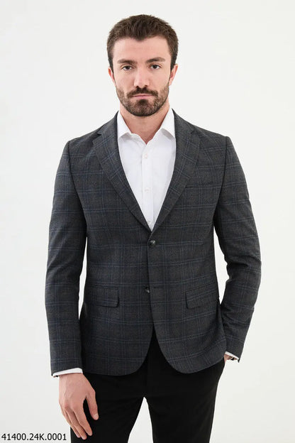 Brabion Dante Black Slim Fit Notch Lapel Plaid Wool Blazer - BRABION