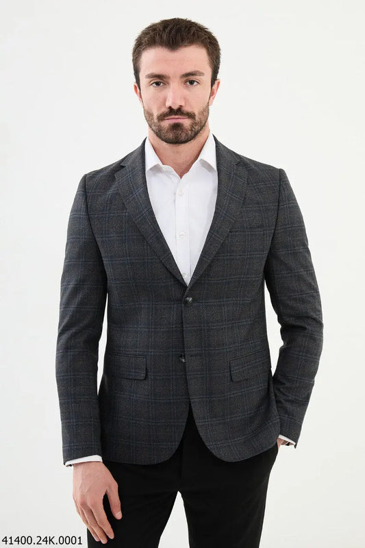 Brabion Dante Black Slim Fit Notch Lapel Plaid Wool Blazer - BRABION