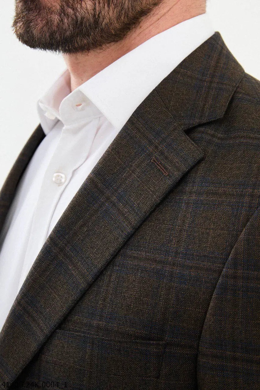 Brabion Dante Brown Slim Fit Notch Lapel Plaid Wool Blazer - BRABION