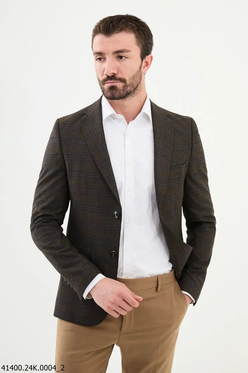 Brabion Dante Brown Slim Fit Notch Lapel Plaid Wool Blazer - BRABION