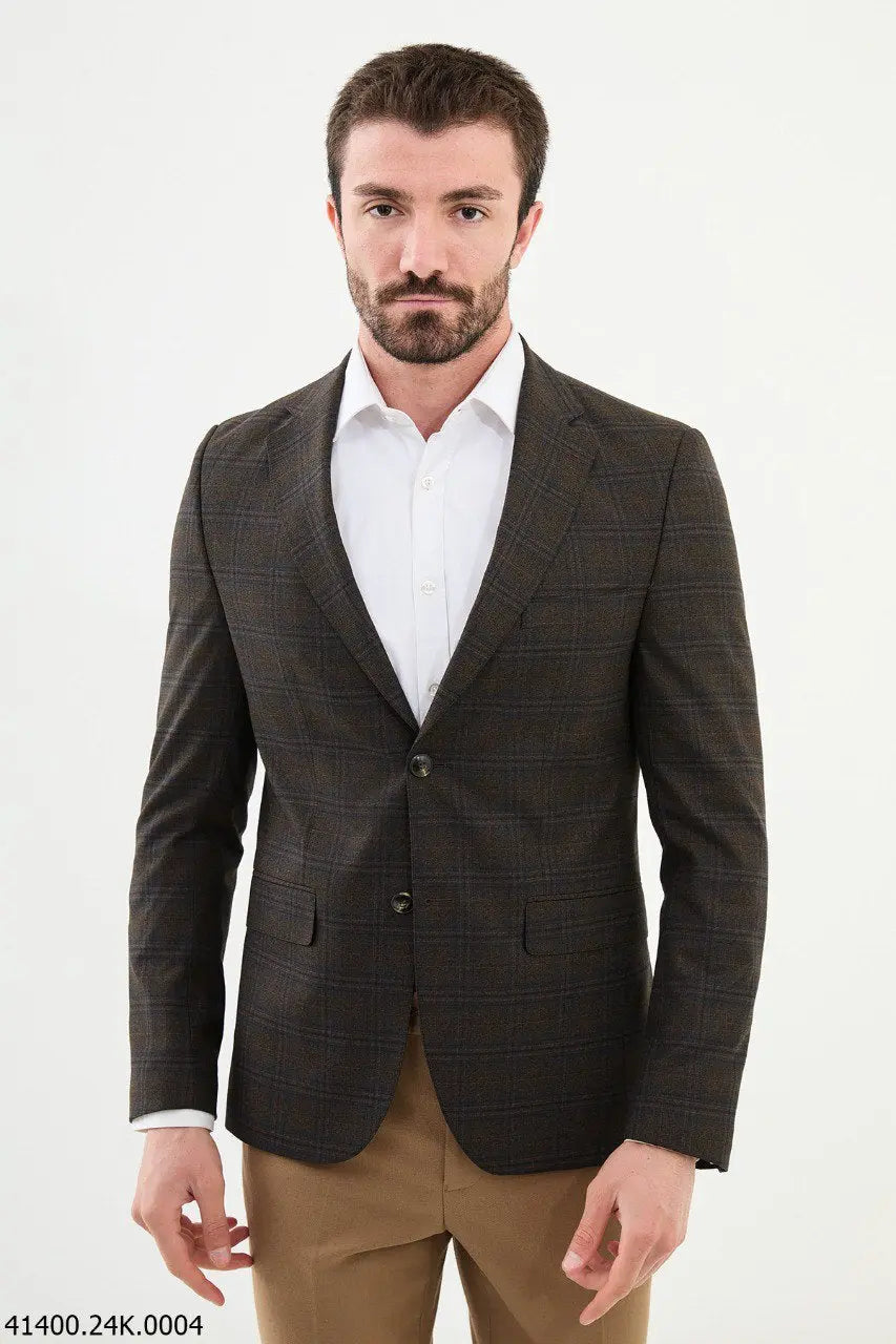 Brabion Dante Brown Slim Fit Notch Lapel Plaid Wool Blazer - BRABION
