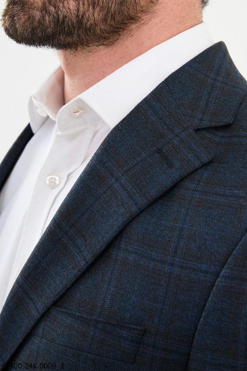 Brabion Dante Navy Blue Slim Fit Plaid Wool Blazer - BRABION