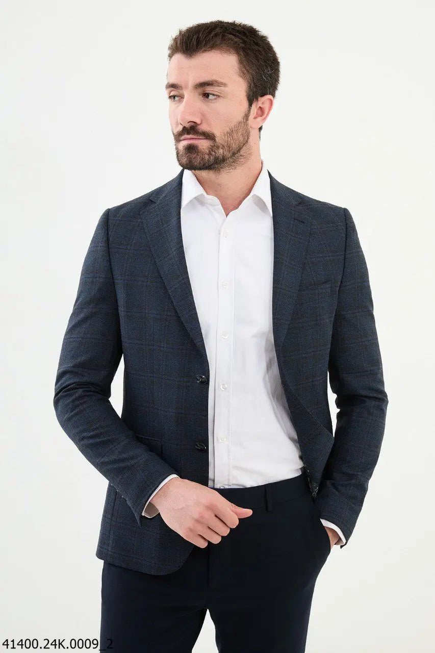 Brabion Dante Navy Blue Slim Fit Plaid Wool Blazer - BRABION
