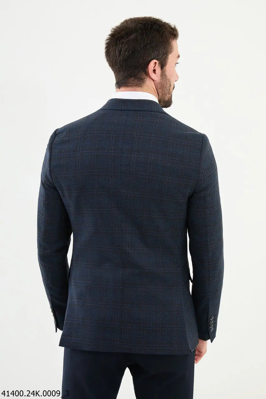 Brabion Dante Navy Blue Slim Fit Plaid Wool Blazer - BRABION