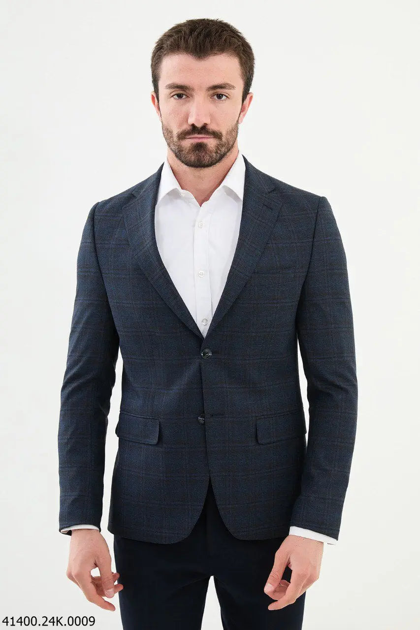 Brabion Dante Navy Blue Slim Fit Plaid Wool Blazer - BRABION