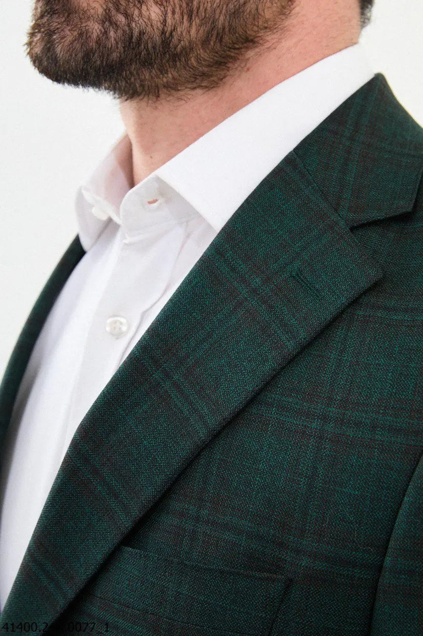 Brabion Dante Green Slim Fit Notch Lapel Plaid Wool Blazer - BRABION