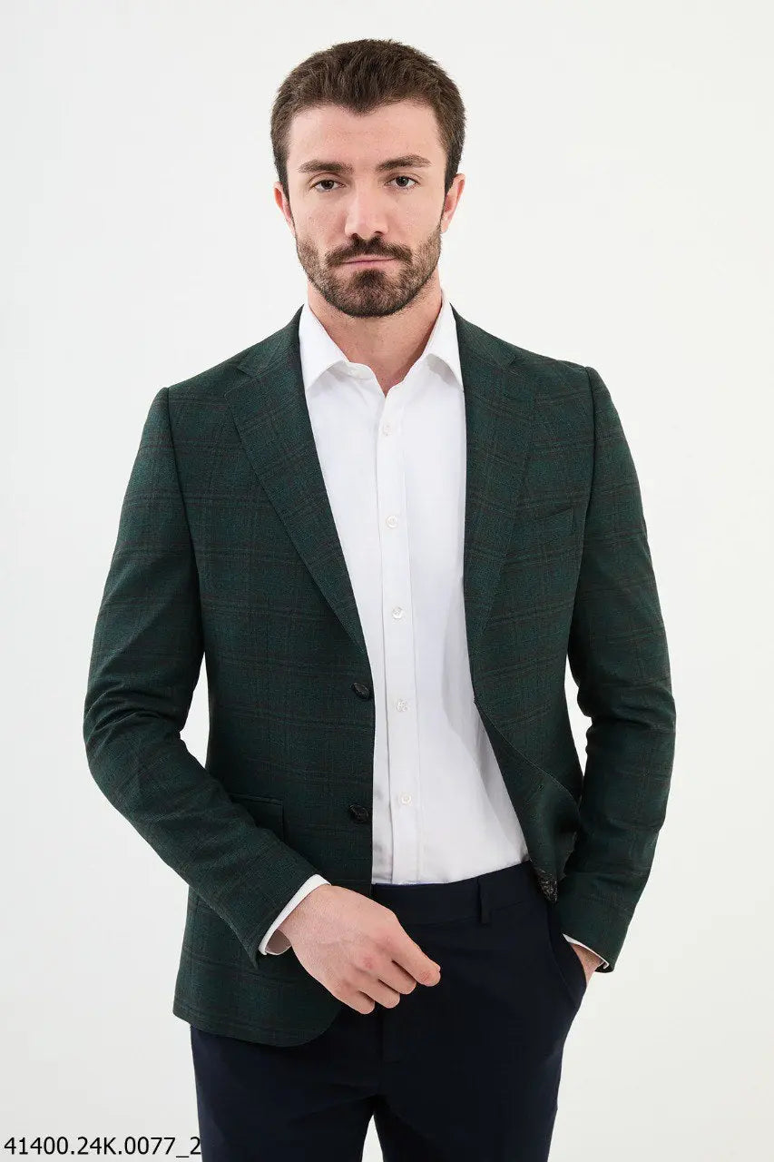 Brabion Dante Green Slim Fit Notch Lapel Plaid Wool Blazer - BRABION