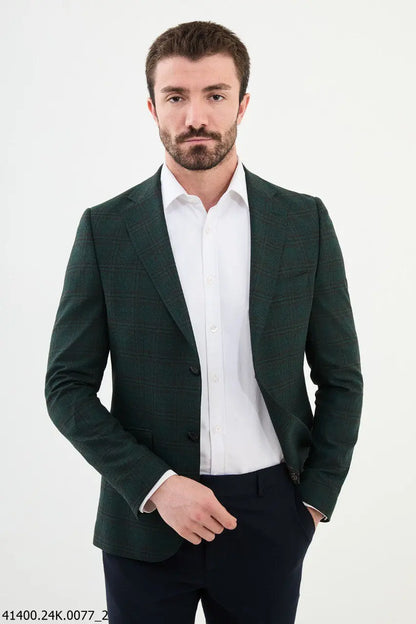 Brabion Dante Green Slim Fit Notch Lapel Plaid Wool Blazer - BRABION