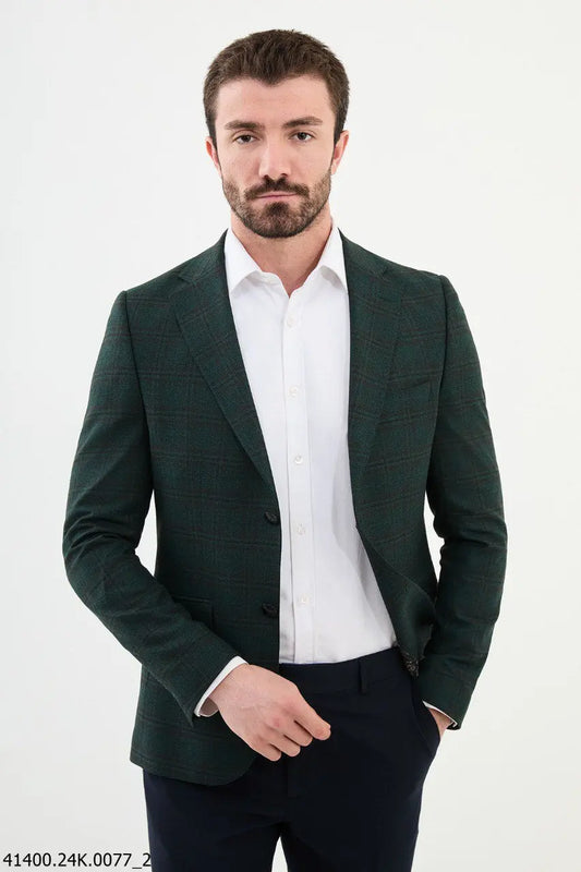 Brabion Dante Green Slim Fit Notch Lapel Plaid Wool Blazer - BRABION