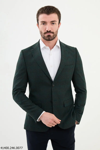 Brabion Dante Green Slim Fit Notch Lapel Plaid Wool Blazer - BRABION