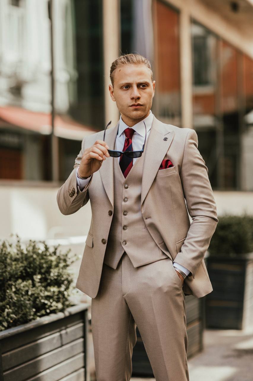 Beige Striped Slim-Fit Suit 3-Piece VIOSSI
