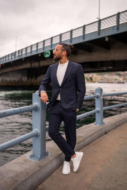 Monaco Navy Blue Mono-Collar Summer Suit - BRABION