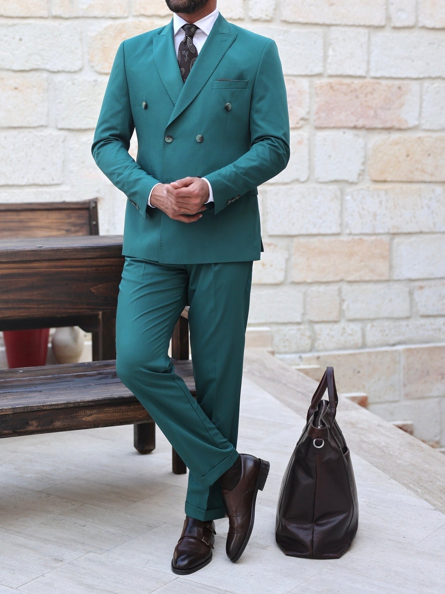 Green Double Breasted Suit 2-Piece VIOSSI