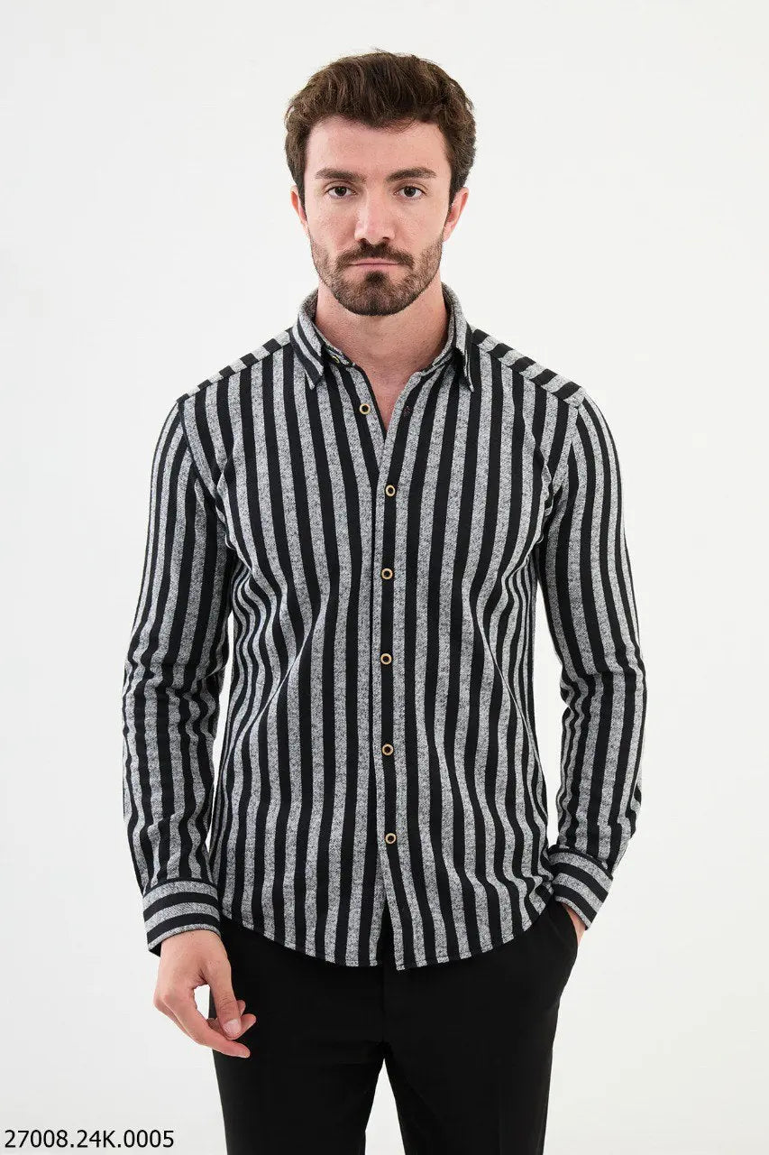Brabion Nico Gray Black Slim Fit Striped Shirt - BRABION