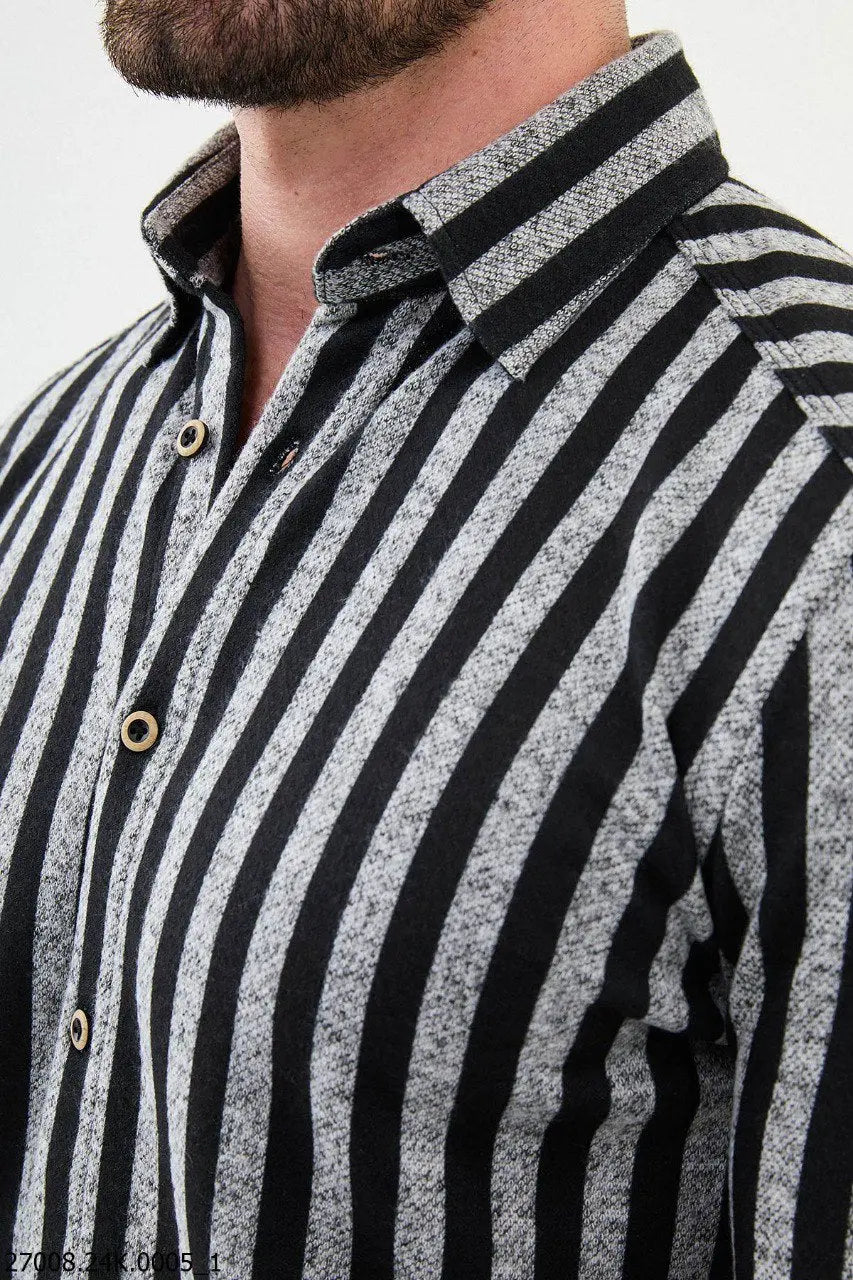 Brabion Nico Gray Black Slim Fit Striped Shirt - BRABION