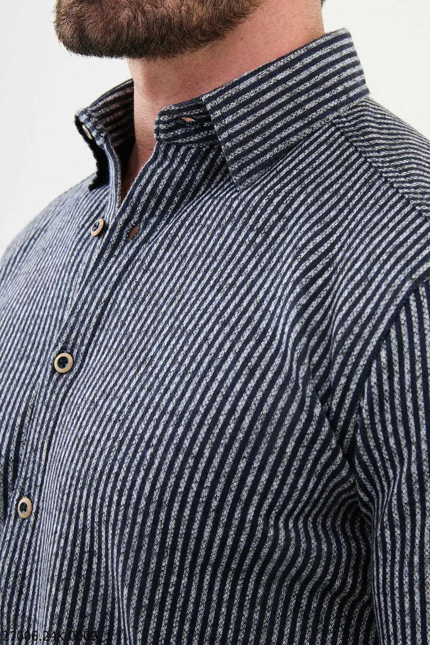 Brabion Nico Navy Blue Slim Fit Striped Wool Shirt - BRABION