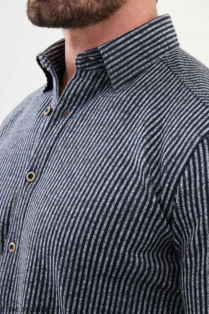 Brabion Nico Navy Blue Slim Fit Striped Wool Shirt - BRABION