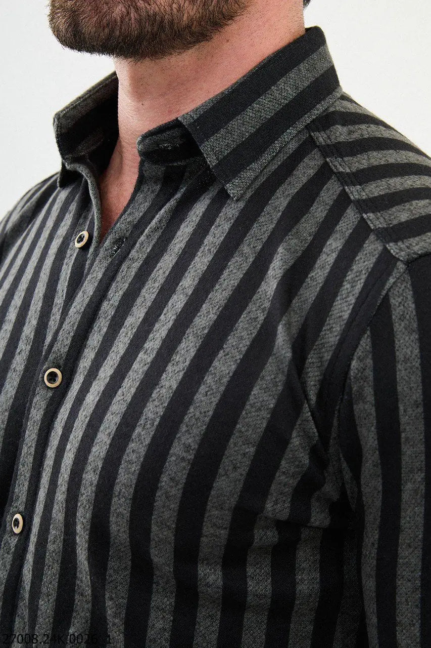 Brabion Nico Khaki Black Slim Fit Striped Shirt - BRABION