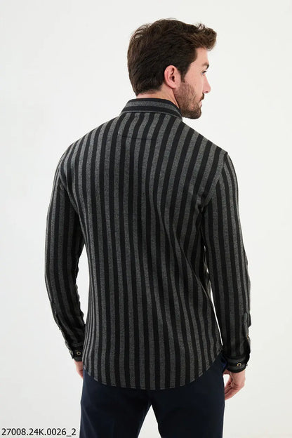 Brabion Nico Khaki Black Slim Fit Striped Shirt - BRABION
