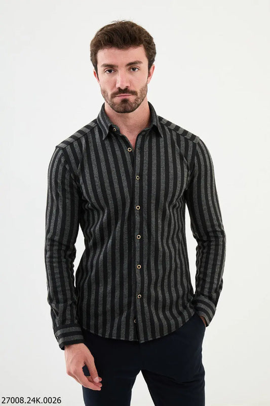 Brabion Nico Khaki Black Slim Fit Striped Shirt - BRABION