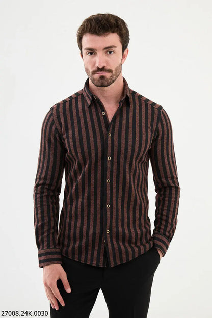 Brabion Nico Rust Black Slim Fit Striped Shirt - BRABION
