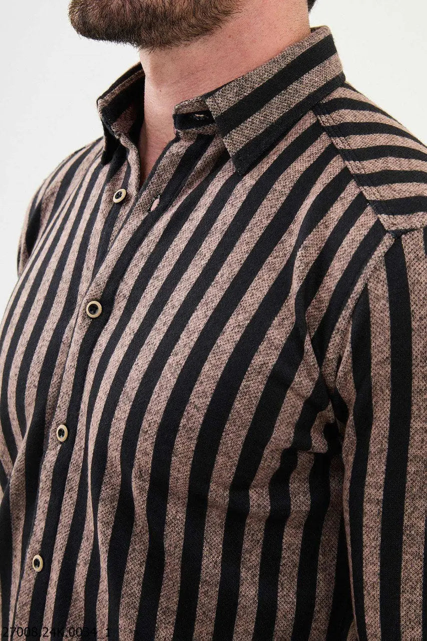 Brabion Nico Beige Black Slim Fit Striped Shirt - BRABION