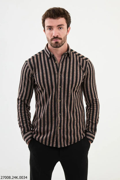 Brabion Nico Beige Black Slim Fit Striped Shirt - BRABION