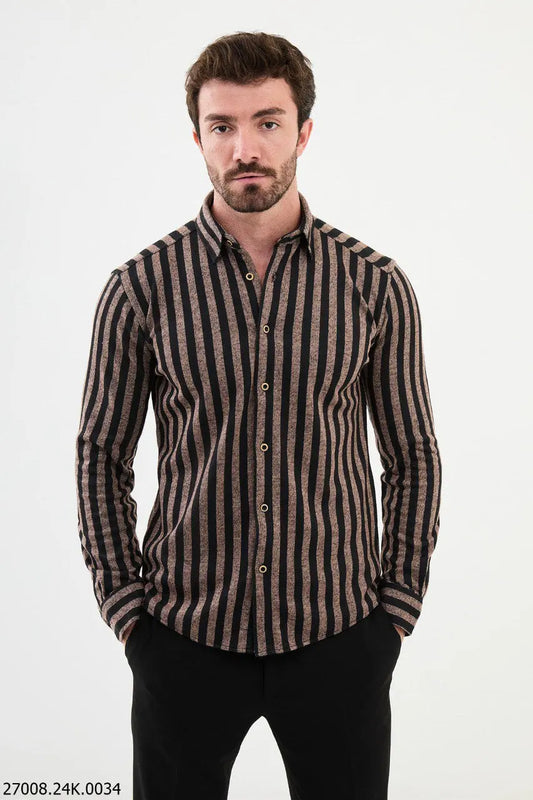 Brabion Nico Beige Black Slim Fit Striped Shirt - BRABION
