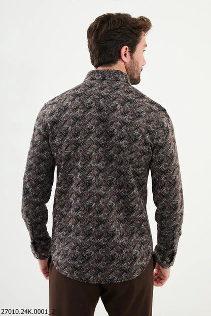 Brabion Nico Black Slim Fit Patterned Wool Shirt - BRABION