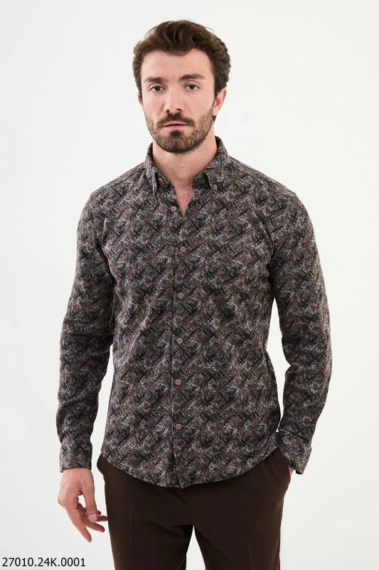 Brabion Nico Black Slim Fit Patterned Wool Shirt - BRABION