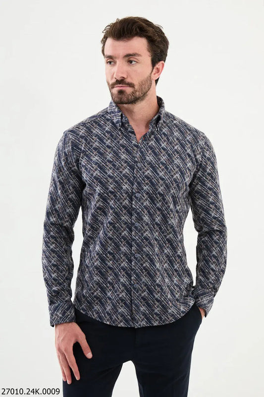Brabion Nico Navy Blue Slim Fit Patterned Wool Shirt - BRABION