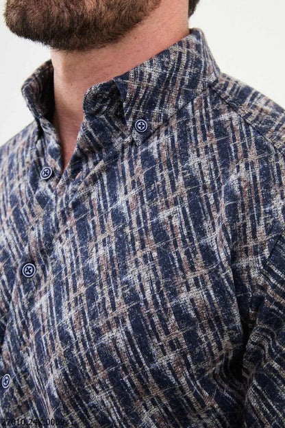 Brabion Nico Navy Blue Slim Fit Patterned Wool Shirt - BRABION