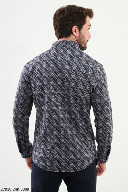 Brabion Nico Navy Blue Slim Fit Patterned Wool Shirt - BRABION