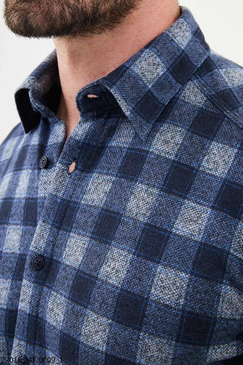 Brabion James Navy Blue Slim Fit Checked Wool Shirt - BRABION