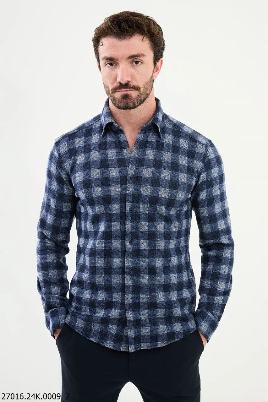 Brabion James Navy Blue Slim Fit Checked Wool Shirt - BRABION