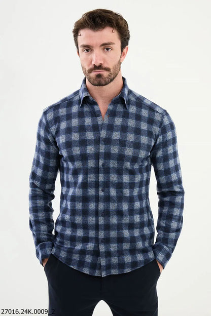Brabion James Navy Blue Slim Fit Checked Wool Shirt - BRABION