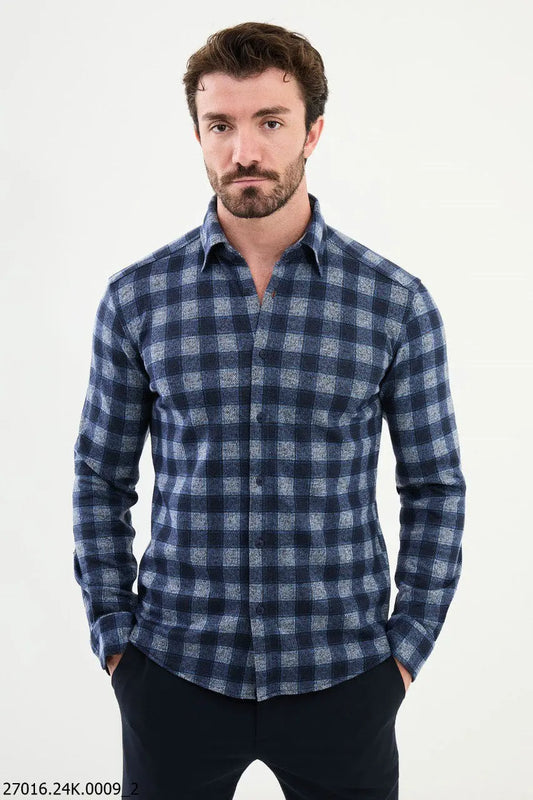 Brabion James Navy Blue Slim Fit Checked Wool Shirt - BRABION