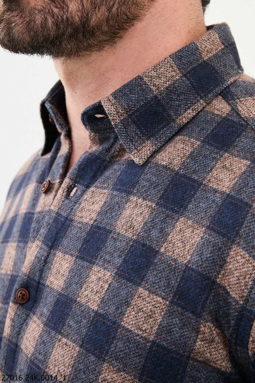 Brabion James Camel Slim Fit Checked Wool Shirt - BRABION