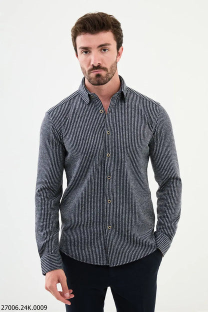 Brabion Nico Navy Blue Slim Fit Striped Wool Shirt - BRABION