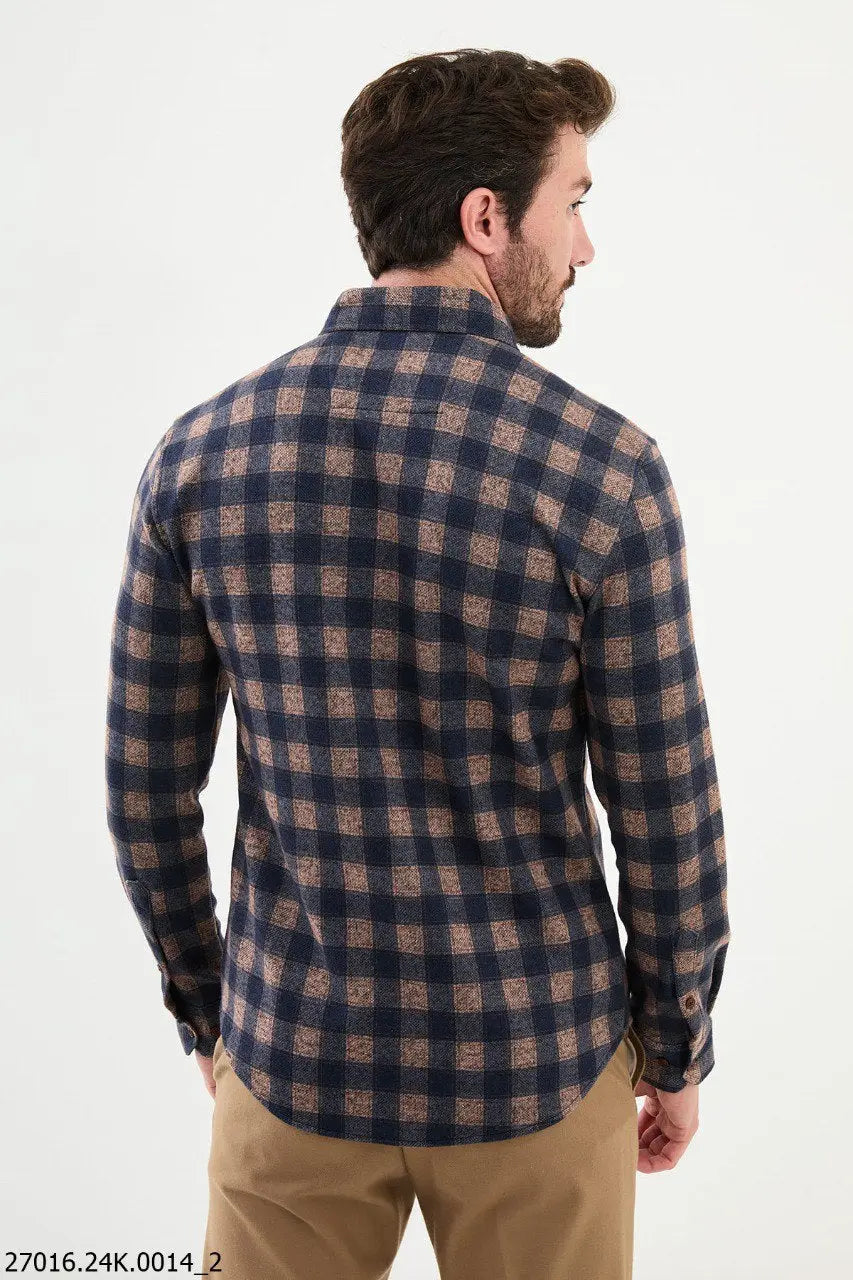 Brabion James Camel Slim Fit Checked Wool Shirt - BRABION