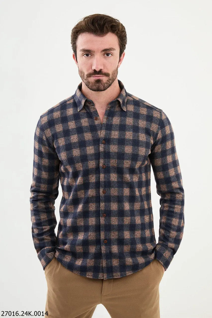 Brabion James Camel Slim Fit Checked Wool Shirt - BRABION