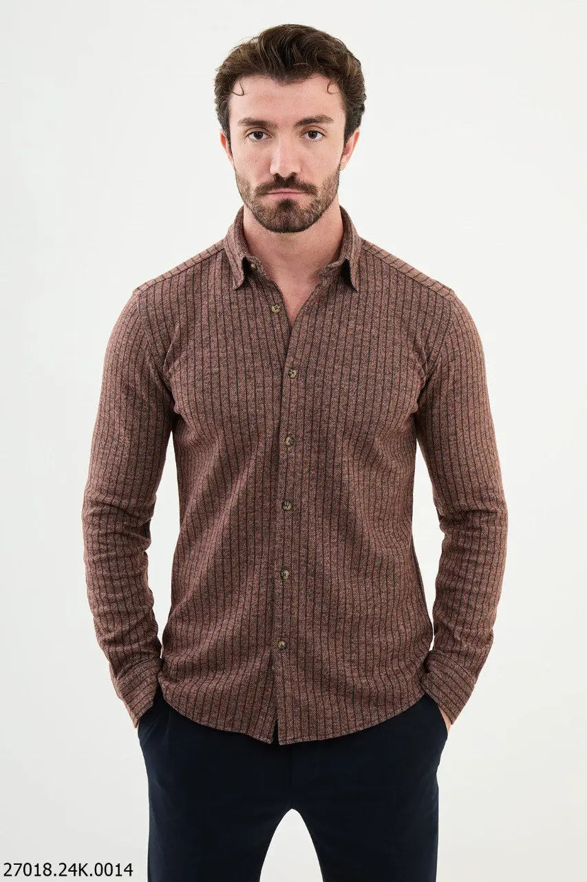 Brabion James Brown Slim Fit Chalk Stripe Wool Shirt - BRABION