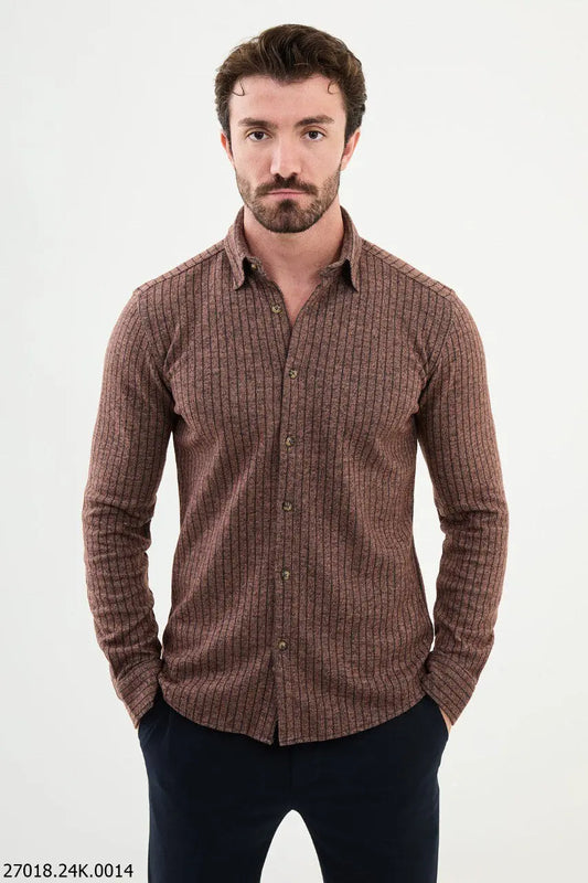 Brabion James Brown Slim Fit Chalk Stripe Wool Shirt - BRABION