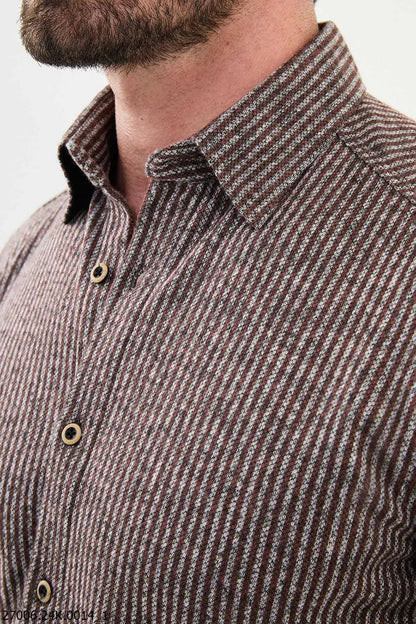 Brabion Nico Brown Slim Fit Striped Wool Shirt - BRABION