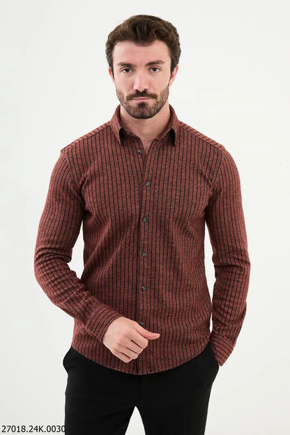 Brabion James Rust Slim Fit Chalk Stripe Wool Shirt - BRABION